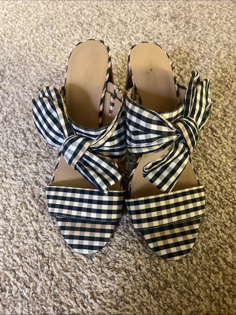 Ann Taylor Black & White Gingham Bow Slide Mules